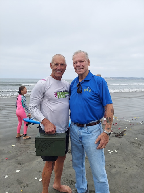 Figure 2 Chief Warrant Officer Lance Cummings with Terry Moy on the beach in Coronado